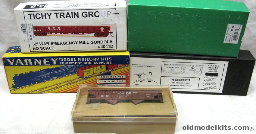 Assorted 1/87 Taurus Products 304 Rock Island 1924 Wood Reefer AAR Type RS HO Craftsman Kit / Tichy Train Group 4041D War Emergency Mill Gondola / Train Miniature Southern 36 Foot Ribbed Hopper With Load / Varney Virginian Giant Gondola and Paneled Side Metal Hopper HO plastic model kit